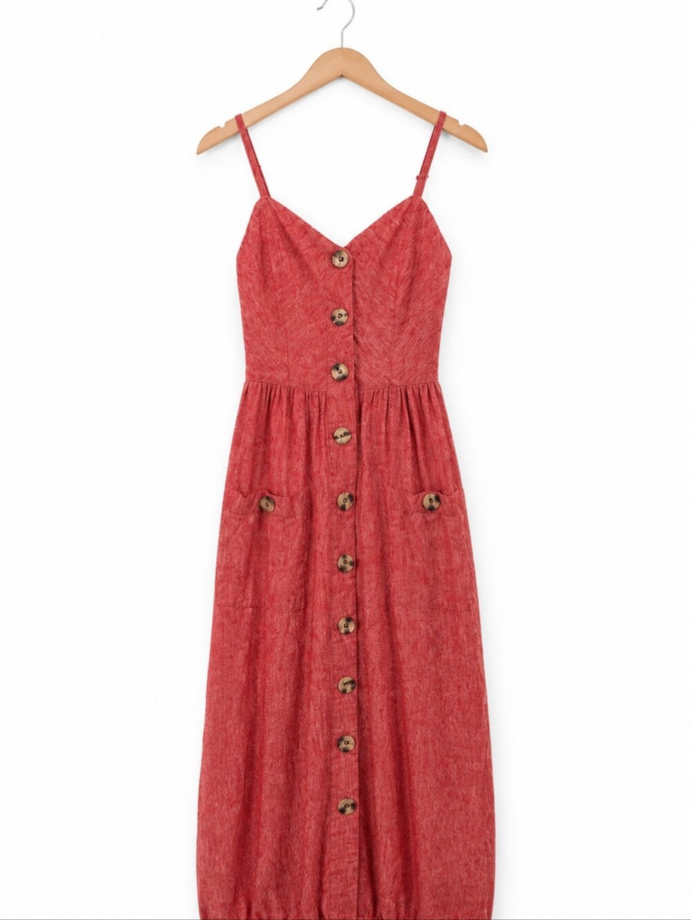 Indigo Rein Linen Red Button-Front Midi Dress with Spaghetti Straps
